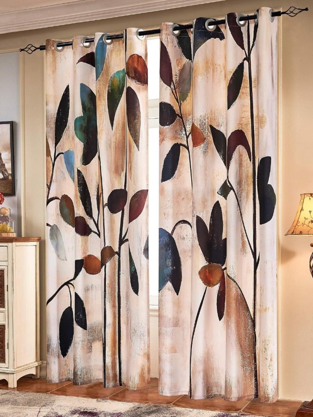 Brown Leaf Floral 84 Inch Curtains for Living Room, 2 Panels